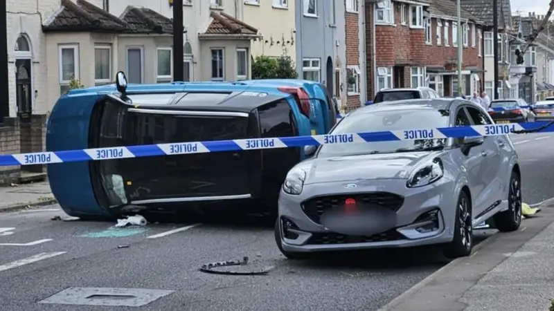 Overturned vehicle in Lowestoft residential area